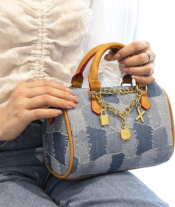 Mini Small Denim Purse Jean Boston Barrel Bags Quilted Checkered Top Handle Canvas Tote Crossbody bags Satchel Handbag for Women,Blue