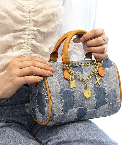 Mini Small Denim Purse Jean Boston Barrel Bags Quilted Checkered Top Handle Canvas Tote Crossbody bags Satchel Handbag for Women,Blue