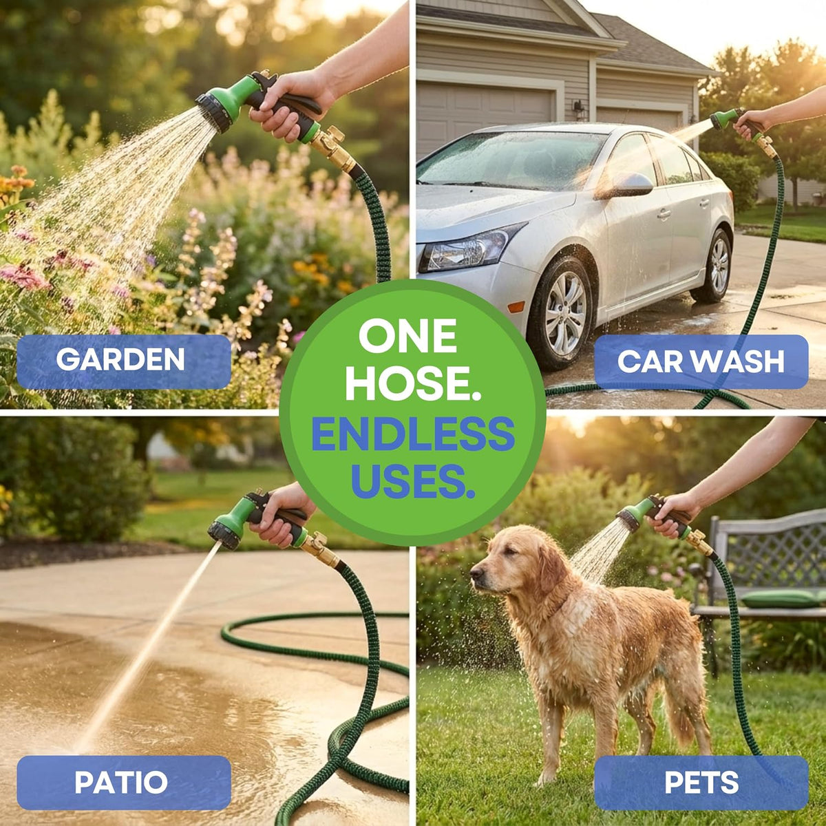 J&B XpandaHose 50ft Expandable Garden Hose with Holder - Heavy Duty Superior Strength 3750D - 4 -Layer Latex Core - Extra Strong Brass Connectors and 10 Spray Nozzle w/Storage Bag (Green 50)