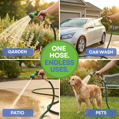 J&B XpandaHose 50ft Expandable Garden Hose with Holder - Heavy Duty Superior Strength 3750D - 4 -Layer Latex Core - Extra Strong Brass Connectors and 10 Spray Nozzle w/Storage Bag (Green 50)