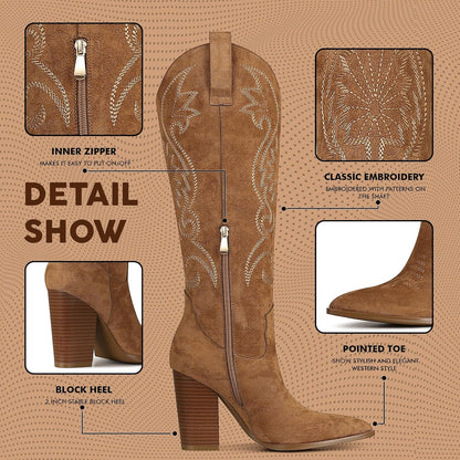 VOMIRA Knee High Cowboy Boots for Women Pointed Toe Chunky High Heels Pull-on Embroidered Boots Western Boots Wide Calf Cowgirl Boots