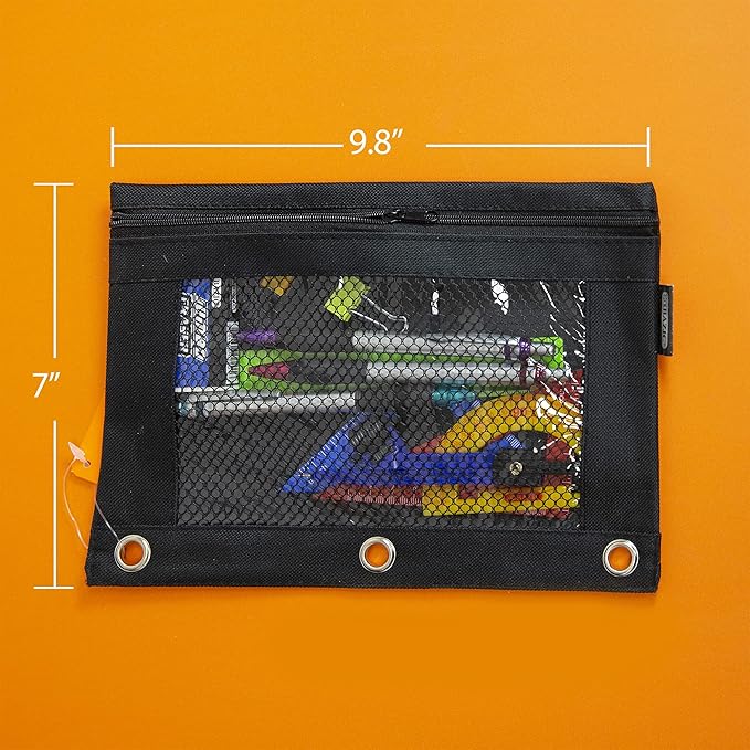 BAZIC Pencil Pouch 3 Ring Binder Pouch w Rivet Enforced Rings Hole, Black Mesh Window Zipper Pouches, 1-Count