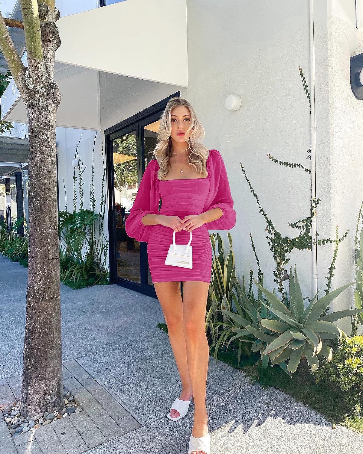 Stylish Wenrine dress with square neck, mesh sleeves, ruched detailing, and bodycon fit for a sleek, sophisticated look.