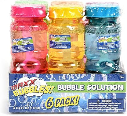 Sunny Days Entertainment 6 Pack Bubble Solution  4oz Bubble Blower Bottles with 6-Hole Wand  Bottle of Bubble Solution for Kids  Birthday Party Favor Toy - Maxx Bubbles