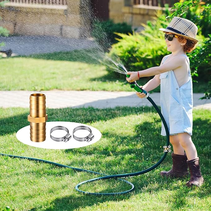 4 Pieces 34 Inch Garden Hose Repair Mender Solid Brass Water Hose Connector Splicer Mender with 8 Pieces Stainless Steel Tightening Clamp and Seal Tape