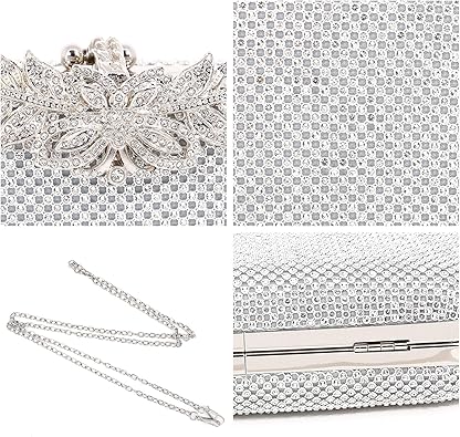 Womens Rhinestone Evening Bag with Butterfly Clasp Glitter Crystal Clutch Purse for Wedding Party
