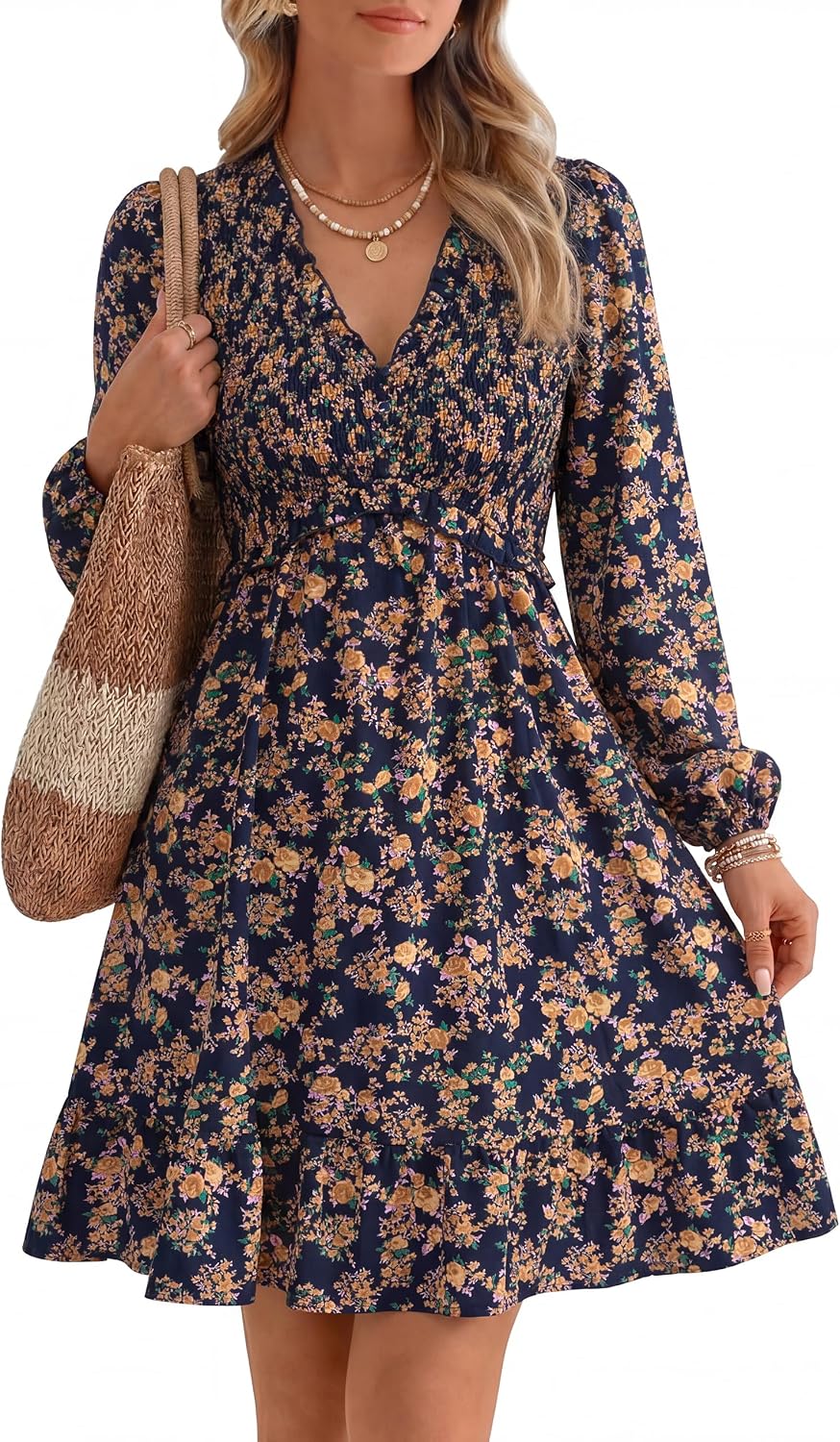 Simplee Womens 2026 Fall Wedding Guest Dress Floral Long Sleeve Smocked Flowy Casual Short Dresses with Pockets