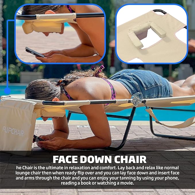 Face Down Tanning Chaise Lounge Chair - Face & Arm Holes - 2 Legs Support - Polyester Material - Backrest Positions - Head Rest Pillow - Beach or Home Use - Read and Tan - Tan Stripes Pattern
