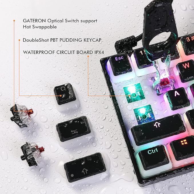 Ractous RTK61 60 Mechanical Gaming Keyboard with PBT Pudding keycap, RGB Backlit Hot Swappable Type-C 61Key Ultra-Compact Keyboard with Full Key Programmable-Black(Gateron Optical Blue Switch