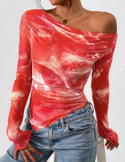 PRETTYGARDEN Womens Fall Trendy Off Shoulder Y2k Tops 2026 Tie Dye Mesh Long Sleeve Shirts Asymmetrical Ruched Floral Blouse