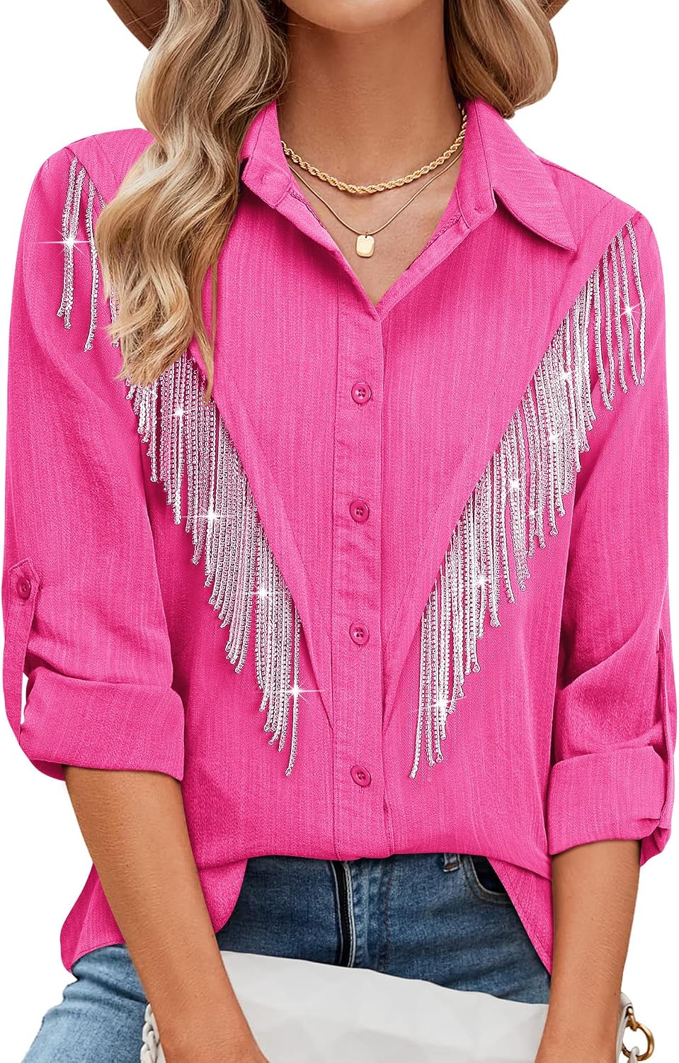 Womens Sparkly Fringe Button Down Shirt Rolled 3/4 Sleeve Top Country Concert Nashville Western Cowgirl Outfit