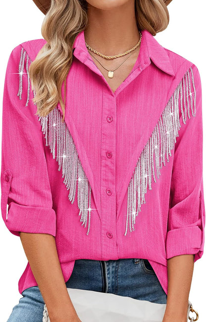 Womens Sparkly Fringe Button Down Shirt Rolled 3/4 Sleeve Top Country Concert Nashville Western Cowgirl Outfit