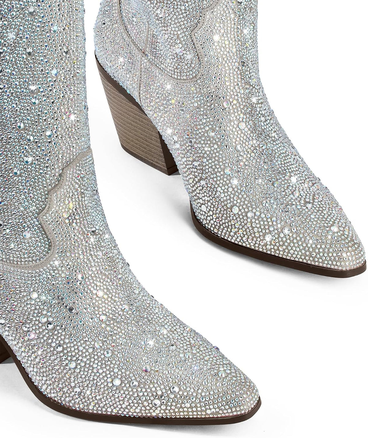 Women's Rhinestone Mid Calf Boots Sparkly Block Heel Cowboy Boots Glitter Boots