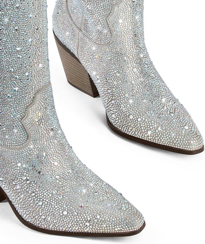 Women's Rhinestone Mid Calf Boots Sparkly Block Heel Cowboy Boots Glitter Boots