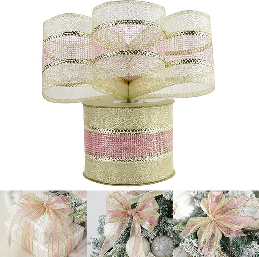 HUIHUANG Pink and Gold Christmas Ribbon 2.5 inch Metallic Gold with Pink Glitter Mesh Wired Ribbon for Christmas Tree Decorations, Garlands, Wreaths, Bows, Crafts, Home Decor-Continuous 10 Yards