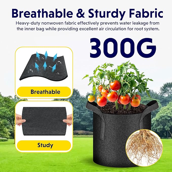 iPower 24-Pack 10 Gallon Grow Bags Heavy Duty Thickened Aeration Nonwoven Fabric Pots with Nylon Handles and 24 Labels, for Planting Vegetables, Fruits, Flowers, Black