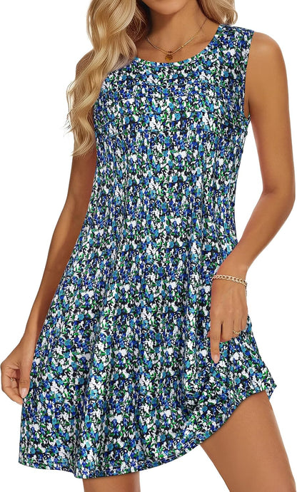 Sundresses for Women Casual Summer Pleated Front Loose Sleeveless Tank Dress with Pockets