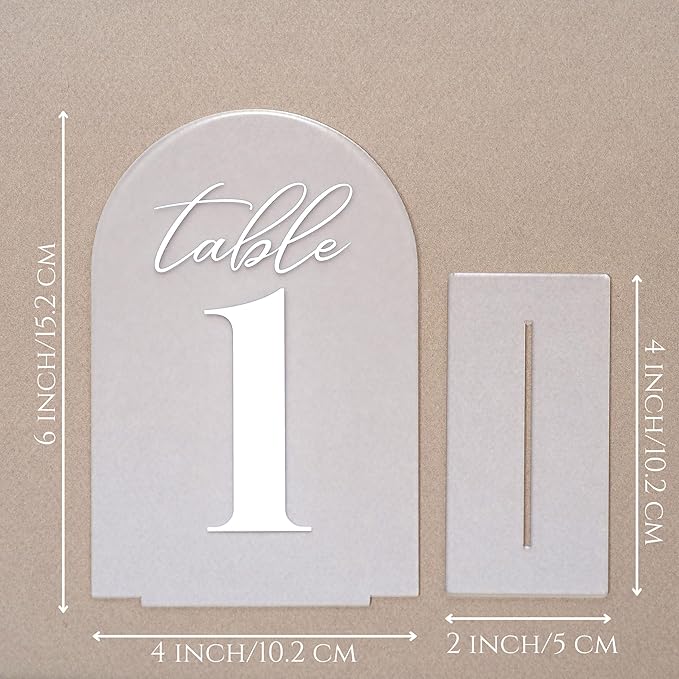 Frosted Wedding Table Numbers w/Stands 1-15, Bold, White Print 4x6 Arch Acrylic Table Numbers - Elegant & Sturdy Reusable Table Numbers for Wedding Reception Centerpiece
