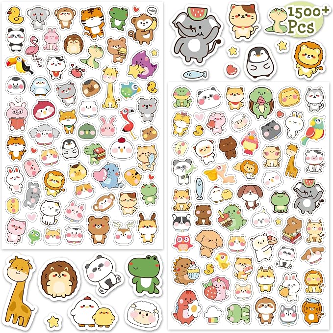 LINAYE 24 Sheets Cute Kawaii Stickers Pack - 1500PCS Adhesive Animal Stickers for Kids, Girls, Classroom