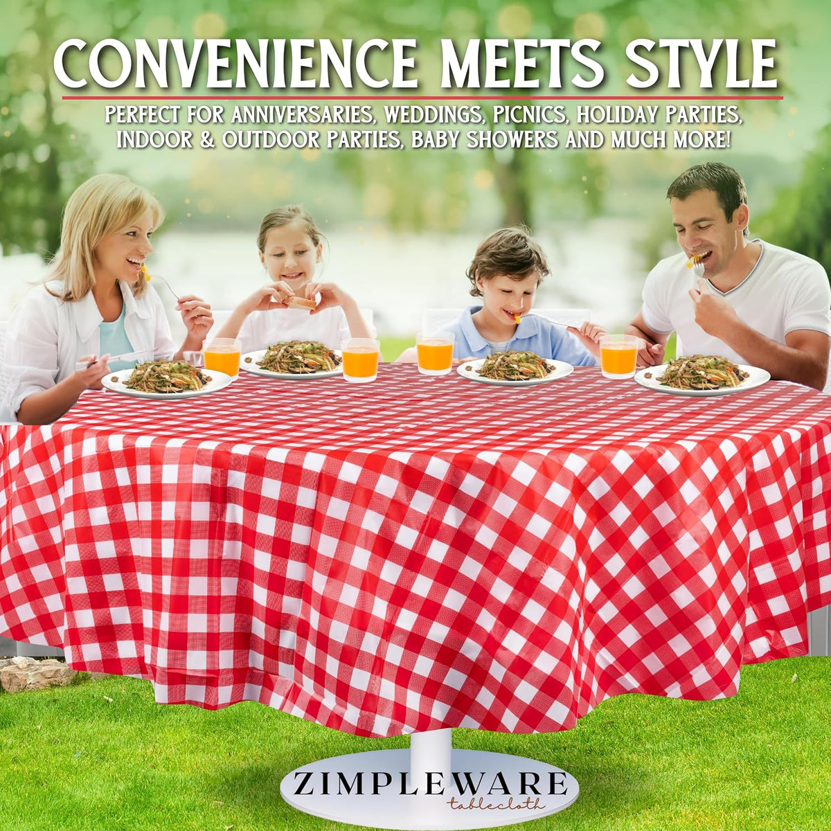 Premium Red Gingham Checkered Plastic Table Cloth Disposable (6 Pack) Round Tablecloth (84in) Party Table Cloths Disposable, Perfect Table Cloth Round Cover for Any Table Up to 6 Feet