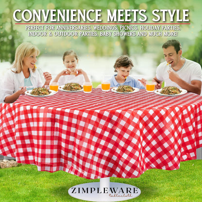 Premium Red Gingham Checkered Plastic Table Cloth Disposable (6 Pack) Round Tablecloth (84in) Party Table Cloths Disposable, Perfect Table Cloth Round Cover for Any Table Up to 6 Feet