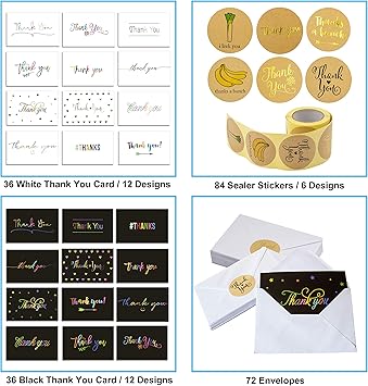 Youngever 72 Thank You Card, Envelope with Sealer Stickers Assortment, Flat Notes Greeting Cards, Blank Card, 12 Designs, 4 x 6 Inches