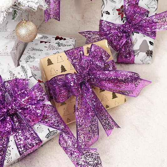 MAYREEL 2.5 Inch Purple Mesh Wired Halloween Ribbon Metallic Sequin Glitter Web for Christmas Tree Gift Wrapping Crafts Topper Bows Wreaths Holiday Decor Garland 10 Yards