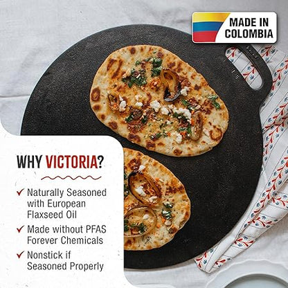 Victoria 15-Inch Cast Iron Tawa Dosa Pan, Pizza Pan with a Loop Handle, Crepe Pan Preseasoned with Flaxseed Oil, Made in Colombia