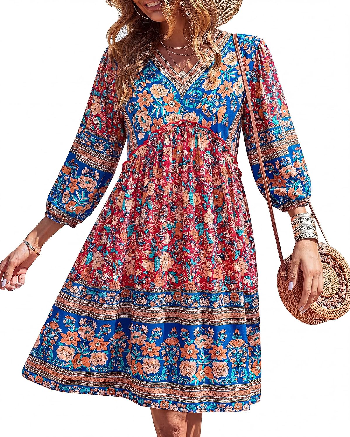 Women Casual Spring Summer Dresses V Neck 3/4 Long Sleeve Ruffle Floral Flo