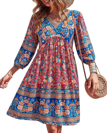 Women Casual Spring Summer Dresses V Neck 3/4 Long Sleeve Ruffle Floral Flo