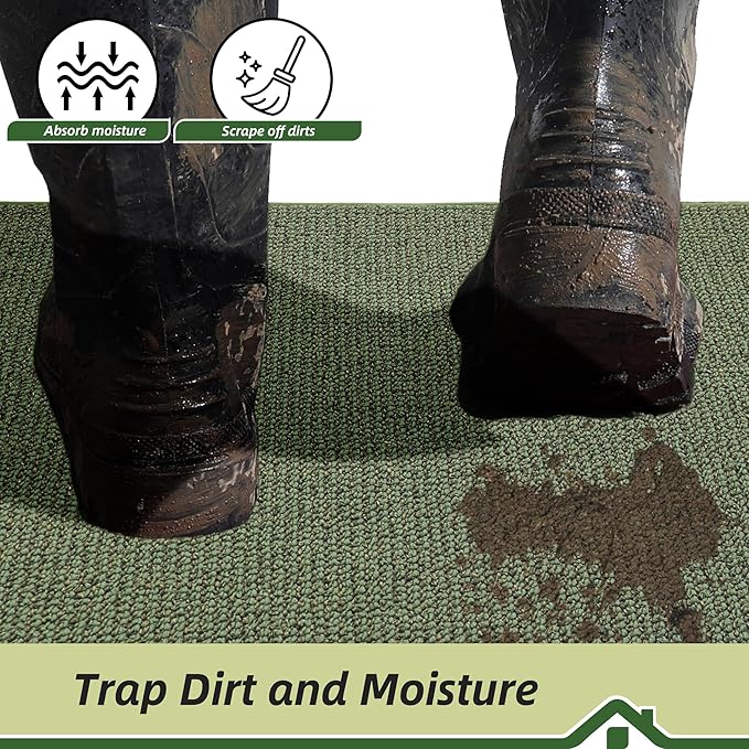 BEQHAUSE Dirt Trapper Door Mat 20" x 32", Non-Slip Washable Doormats Entrance Mat, Dirt Resistant and Absorbent Welcome Mat, Low Profile Floor Mats for Front Back Door and Entryway, Green