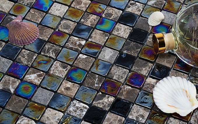 Glass and Stone Mosaic Tile for Kitchen Backsplash, Bathroom Shower Wall, Etc, Mini Teseo Collection, Mixed Squares, 12"X12"X516 (GM 6204 - Topaz, Set of 5 Sheets)