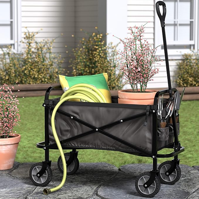 Basics Collapsible Folding Outdoor Utility Wagon for Sports, Garden, Camping, and Shopping, Heavy Duty, Large Capacity, Black
