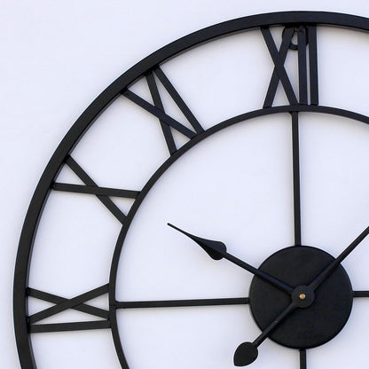 24 Inch Metal Wall Clock for Living Room Bedroom Decor | Cut Out Roman Numeral Medium Wall Clocks | Hand Crafted Analog Watches Home Office Farm House (Black