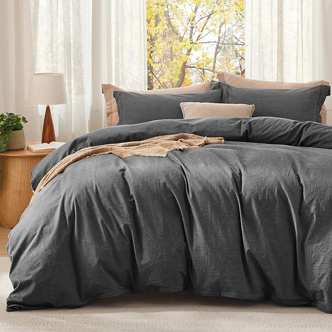 Bedsure Comforter Set Queen Size Dark Grey - Cotton Fabric with Microfiber Inner Fill, Queen Comforter Set for All Seasons, 3 Pieces, 1 Comforter (90"x90") and 2 Pillow Cases (20"x26")