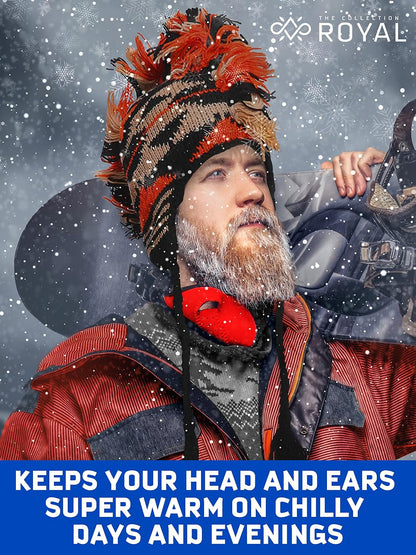 THE COLLECTION ROYAL Mohawk Woolen Lined Winter Beanie Ear Flap Beanie Men Hat ( Navy Blue, White and Gray)