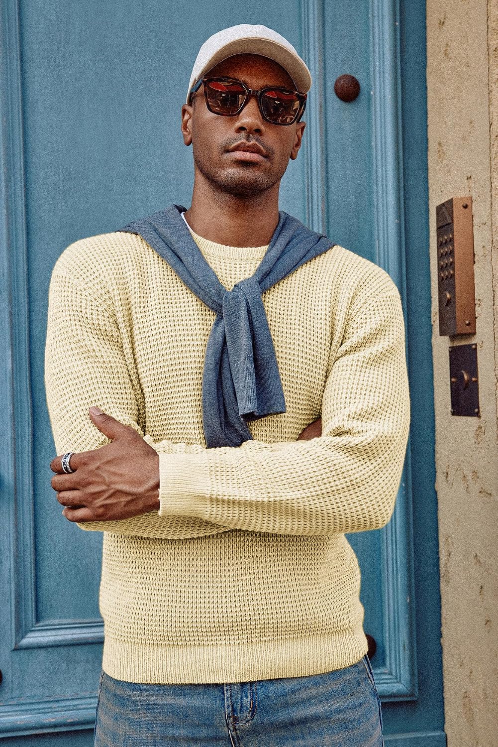 PJ PAUL JONES Mens Pullover Sweater Waffle Textured Long Sleeve Knitted Sweaters