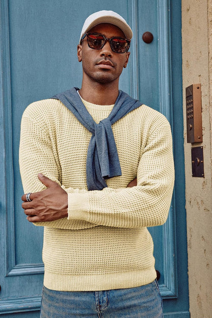 PJ PAUL JONES Mens Pullover Sweater Waffle Textured Long Sleeve Knitted Sweaters