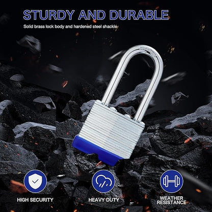 Lock Outdoor Padlocks, Laminated keyed Padlock, 1-9/16 in Wide Body, Padlock Set with Keys, Long Shackle (1Pack)