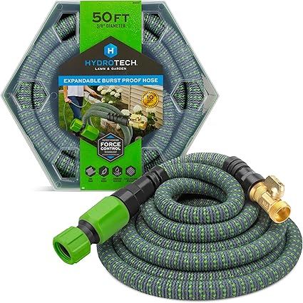 HydroTech 50 ft Expandable Garden Hose with Patented Force Control Technology - 58" No-Kink Flexibility, Lightweight Hose for Lawn, Garden, Car Washing, Deck and Patio Cleaning
