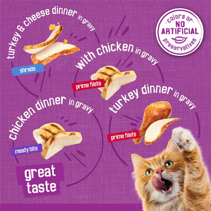 Purina Friskies Wet Cat Food Variety Pack, Poultry, (32) 5.5 oz Cans Shreds, Meaty Bits and Prime Filets recipes, high-protein cat food in gravy, made with real chicken or turkey
