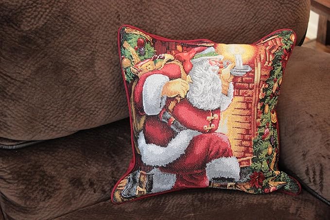 Tache Christmas Festive Winter Holiday Santa Down The Chimney Decorative Woven Tapestry Cushion Throw Pillow Cover Set, 2 Piece 16 x 16 Inches