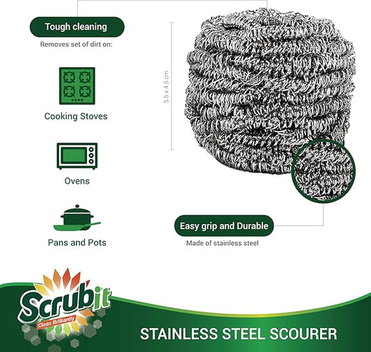 SCRUBIT 6 Pack Stainless Steel Scourers  Steel Wool Scrubber Pad Used for Dishes, Pots, Pans, and Ovens. Easy scouring for Tough Kitchen Cleaning.