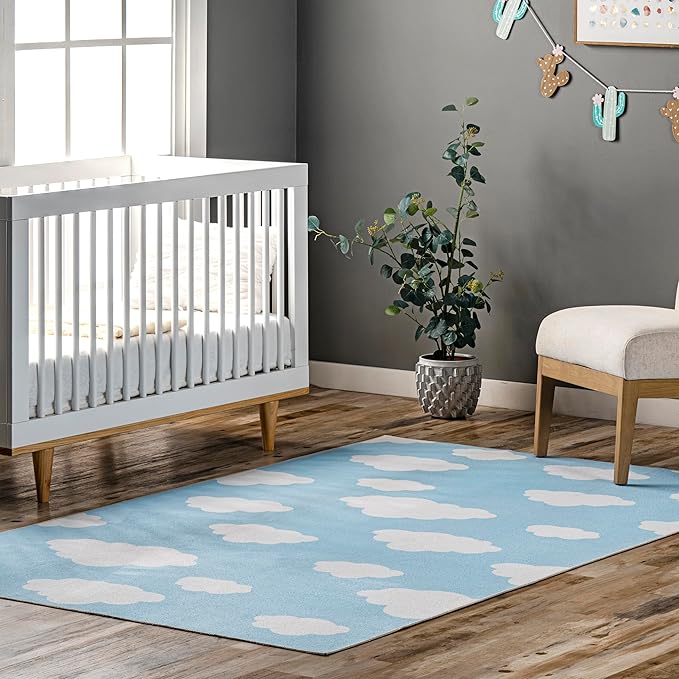 nuLOOM Lilia Machine Washable Kids Cloud Ultra Thin Area Rug, 4' x 6', Light Blue