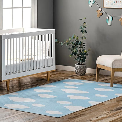 nuLOOM Lilia Machine Washable Kids Cloud Ultra Thin Area Rug, 4' x 6', Light Blue