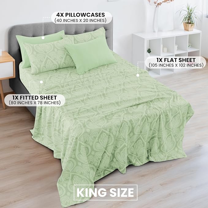 Paisley King Sheet Set 6 Piece, 16" Deep Pocket Soft Microfiber, LUX Décor Boho Print Wrinkle-Free Breathable Cooling Sheets, Fade and Shrink Resistant, OEKO-TEX, 4 Pillowcases, Sage Green