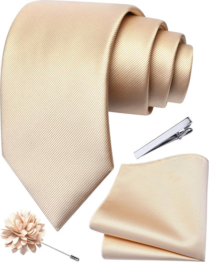 Branduce 3.15"?8cm? Solid Formal Tie and Pocket Square Plain Necktie Lapel Pin and Tie Clip Set for Men