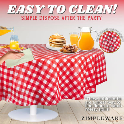 Premium Red Gingham Checkered Plastic Table Cloth Disposable (6 Pack) Round Tablecloth (84in) Party Table Cloths Disposable, Perfect Table Cloth Round Cover for Any Table Up to 6 Feet
