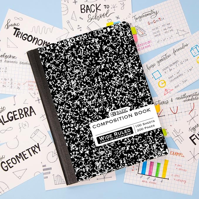 BAZIC Composition Book Wide Ruled 100 Sheet Black Marble Notebook, Writing Journal Comp Lined Notebooks for School, 1-Pack