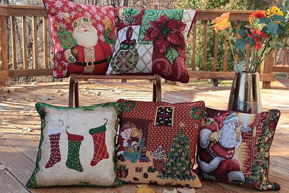 Tache Christmas Festive Winter Holiday Santa Down The Chimney Decorative Woven Tapestry Cushion Throw Pillow Cover Set, 2 Piece 16 x 16 Inches